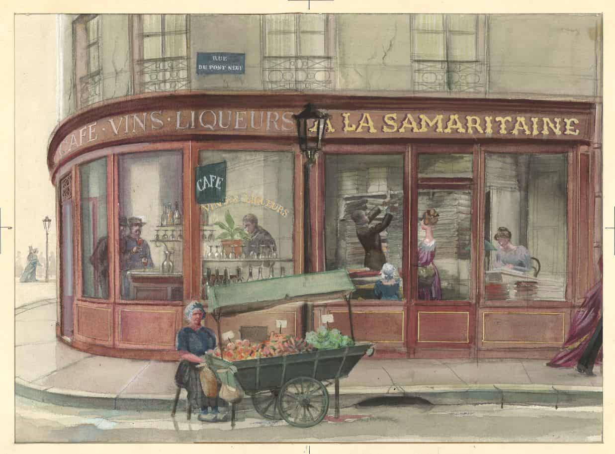 Dessin aquarellé non daté et non signé représentant la première échoppe Samaritaine d'Ernest Cognacq dans l'arrière-salle du café à l'angle de la rue de la Monnaie et du Pont-Neuf vers 1870.